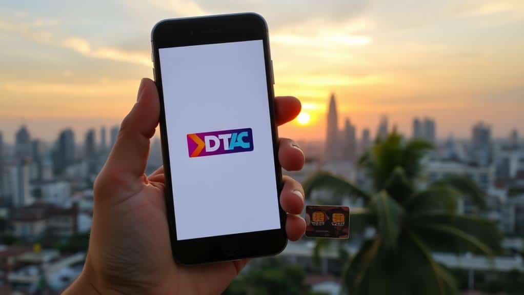 โลโก้ DTAC บนหน้าจอสมาร์ทโฟน พร้อมคำแนะนำวิธีกดรหัส USSD